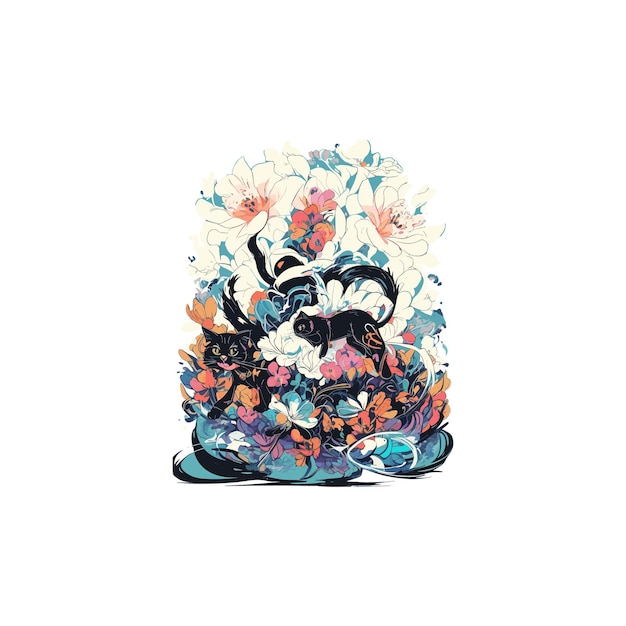 Bezpłatny projekt koszulki wektorowej przedstawiający uroczego kota z kolorowymi kwiatami