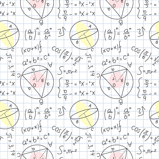 Bezproblemowe wzory matematyczne Równania szkolne Diagramy geometryczne i rysunki na kawałku notatnika w klatce Edukacja matematyczna Obliczenia algebraiczne