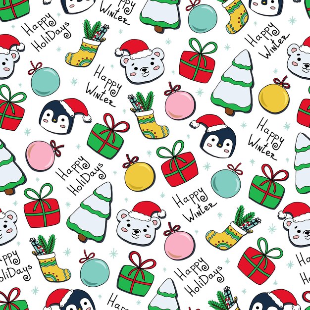 Plik wektorowy bezproblemowy wzór świąteczny z uroczymi prezentami w kształcie pingwina niedźwiedzia polarnego i choinką z dekoracjami