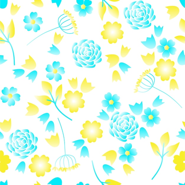 Bezproblemowy wzór, tło wektorowe składające się ze złotych niebieskich kwiatów i liści