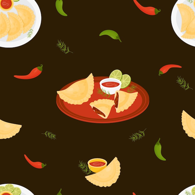 Plik wektorowy bezproblemowy wzór z meksykańskimi empanadami z ameryki łacińskiej z sosem na plasterkach talerza i limonki