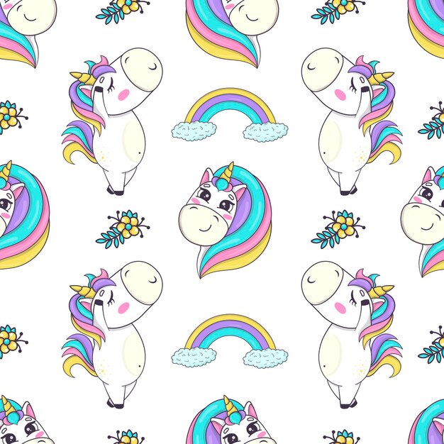 Bezproblemowy wzór zabawnych jednorożców kawaii tańczących w stylu anime