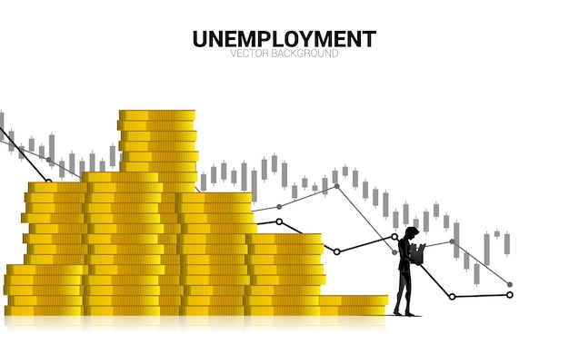 Bezrobocie Człowiek Chodzący Na Stosie Wykresu W Dół Monety. Koncepcja Na Koniec Kariery I Bezrobotnych.