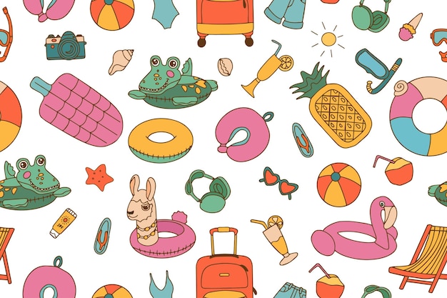 Bezszelestny wzór elementów letnich wakacji i podróży w stylu doodle Kolorowa moda Ilustracja do tapety tło opakowania pocztówki drukowanie ilustracja wektorowa