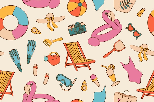 Bezszelestny wzór letnich przedmiotów w czarno-białym stylu doodle akcesoria plażowe ikony wektorowe dla stron internetowych wakacje tropikalne