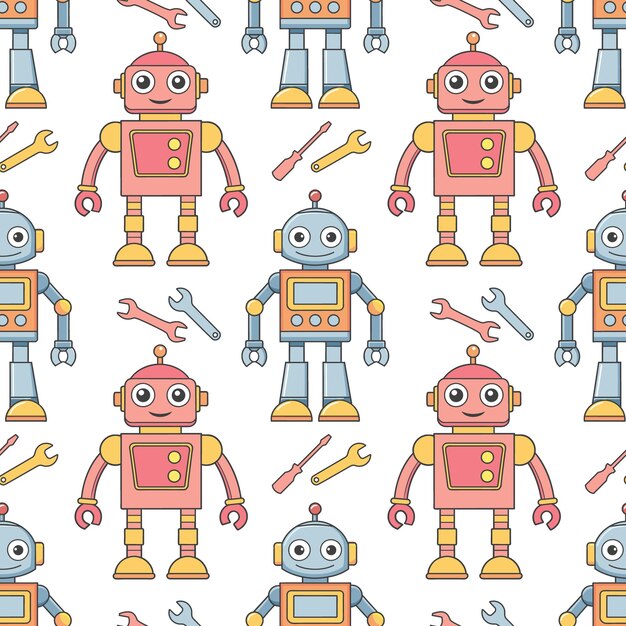 Bezszelestny wzór postaci z kreskówek, robotów i droidów Tło z uroczych dziecięcych zabawek robotów