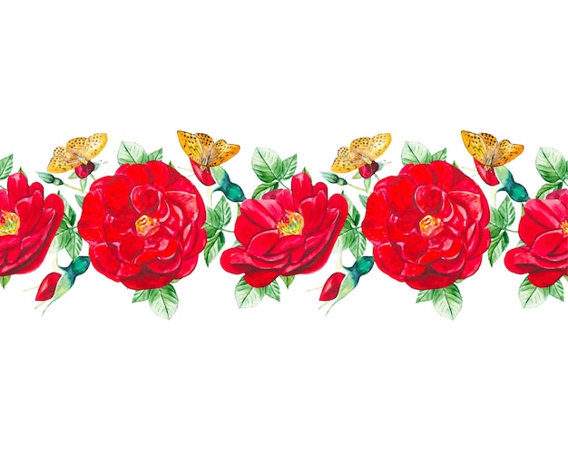 Plik wektorowy bezszwowa granica czerwonych pąków róż i pomarańczowych motyli ręcznie rysowane akwarela