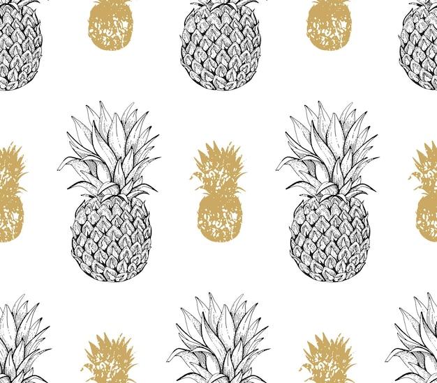 Plik wektorowy bezszwowe ananas wzór ręcznie rysowane doodle tekstury realistyczne elegancka czarna linia ananas z luksusowymi złotymi ikonami sylwetka handdrawn wektor ilustracja na białym tle