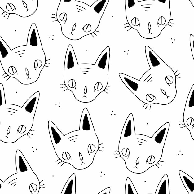 Bezszwowe Czarno-białe Doodle Koty Kreskówka Twarze Bez Szwu Wzór Na Białym Tle