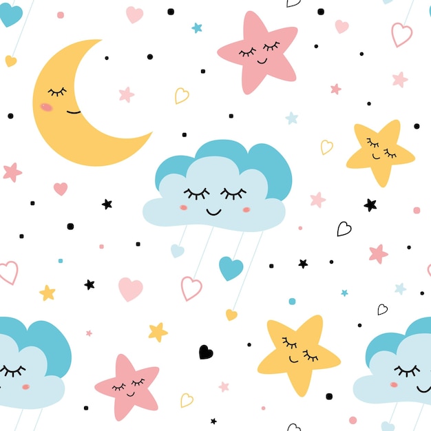 Bezszwowe Dziecinny Wzór Cute Baby Gwiazdy I Chmury Księżyc Kreatywny Styl Nocy Dzieci Różowy Niebieski Tekstury Dla Tkaniny Zawijania Tekstylne Tapety Odzież Tło Dziecięca Piżama Ilustracja Wektorowa