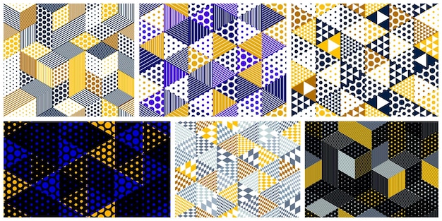 Bezszwowe kostki kropkowane tła wektorowe zestaw kropki pudełka powtarzające wzorce płytek 3D architektura i konstrukcja konstrukcje geometryczne