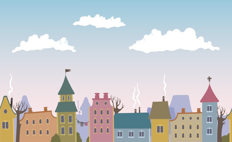 Wektor bezszwowe panoramiczne stare miasto z chmurami i dymem z kominów w zimny dzień