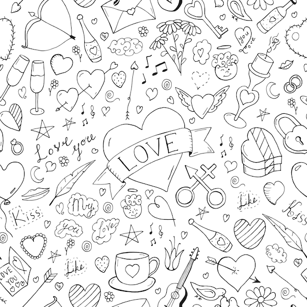 Bezszwowe szczęśliwy wzór walentynkowy Ręcznie rysowane elementy w stylu doodle Ilustracja wektorowa