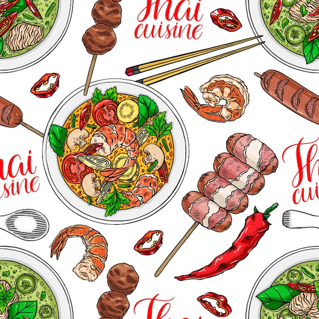 Bezszwowe Tło Kuchni Tajskiej. Tom Yum Kung, Zielone Curry, Krewetki I Chili. Ręcznie Rysowane Ilustracja