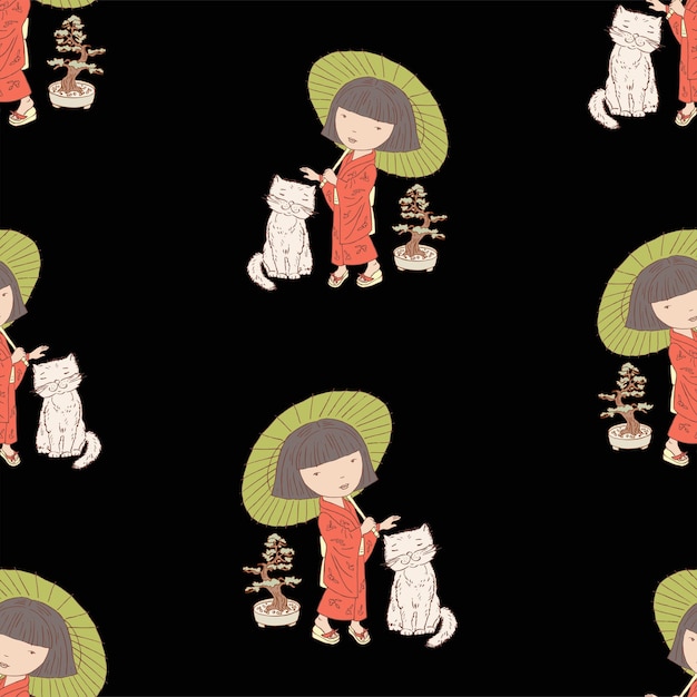 Bezszwowe Tło Rysowane Kreskówka śliczna Mała Dziewczynka W Kimonie Z Kotem I Drzewem Bonsai