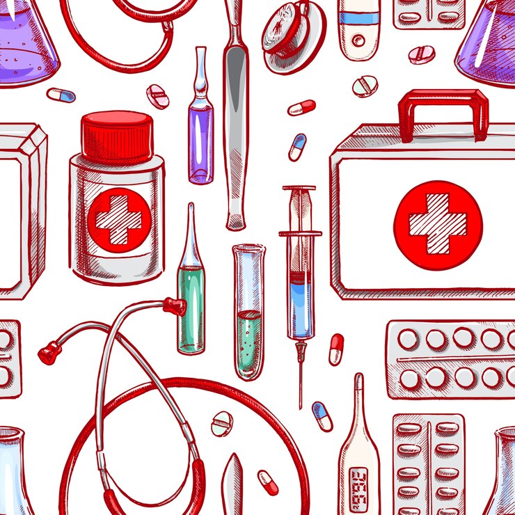 Wektor bezszwowe tło z materiałów medycznych. ręcznie rysowane ilustracji