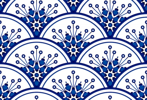 Bezszwowe Tło Z Okrągłymi Wzorami. Kwiatowy Ornament Na Tle Akwarela Niebieski I Biały. Projekt Porcelany Chińskiej