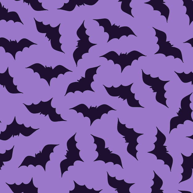 Bezszwowe wektor wzór ciemne fioletowe upiorne nietoperze sylwetki na fioletowym halloween Tekstylny notatnik