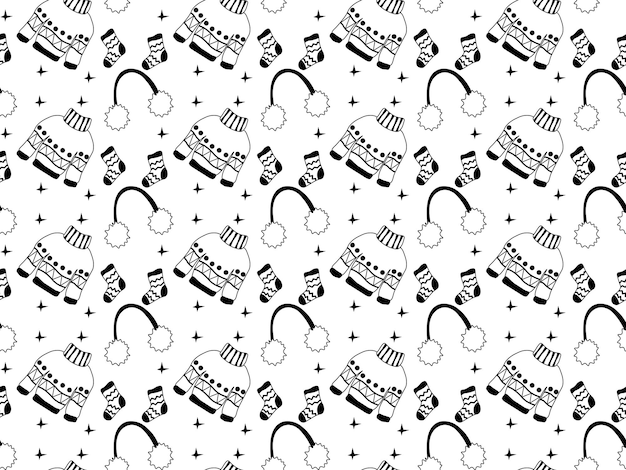 Bezszwowy Czarno-biały Wzór Bazgrołów Z Zimowymi Ubraniami, Swetrami I Ciepłymi Słuchawkami