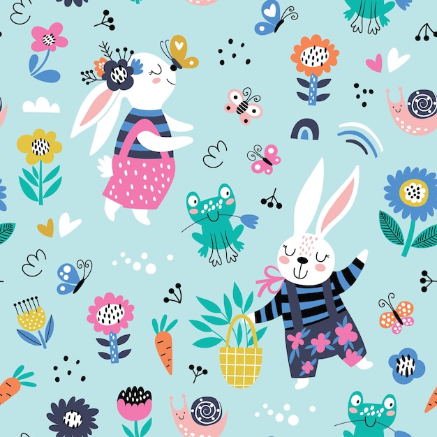 Plik wektorowy bezszwowy dziecinny wzór z kreskówkowym królikiem z kwiatami kreatywna tekstura dla dzieci dla tkaniny