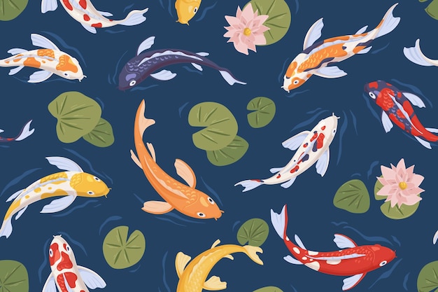 Plik wektorowy bezszwowy japoński wzór z azjatyckimi rybami koi pływającymi w stawie. niekończące się powtarzalne tło z chińskimi karpami ogrodowymi, liśćmi, lotosami i liliami wodnymi. ilustracja wektorowa płaska do drukowania.