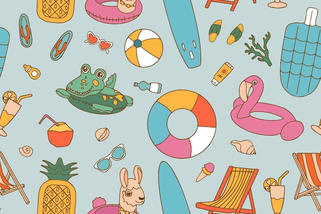 Bezszwowy jasny wzór elementów pływających w stylu doodle Nadmuchiwane pierścienie i akcesoria plażowe na niebieskim tle Wektor