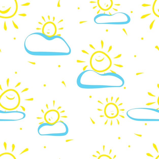 Plik wektorowy bezszwowy letni wzór z konturami żółtych słońc i niebieskich chmur na odosobnionym tle