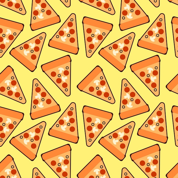 Bezszwowy modny wzór plasterków pizzy Śliczna pizza wektorowa Do tapet z tkaniny do pakowania kart papierowych i ilustracji internetowych na żółtym tle