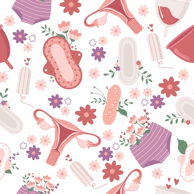 Bezszwowy rysunek o tematyce menstruacyjnej z miseczkami macicy i kobiecymi podkładkami higienicznymi na białym tle