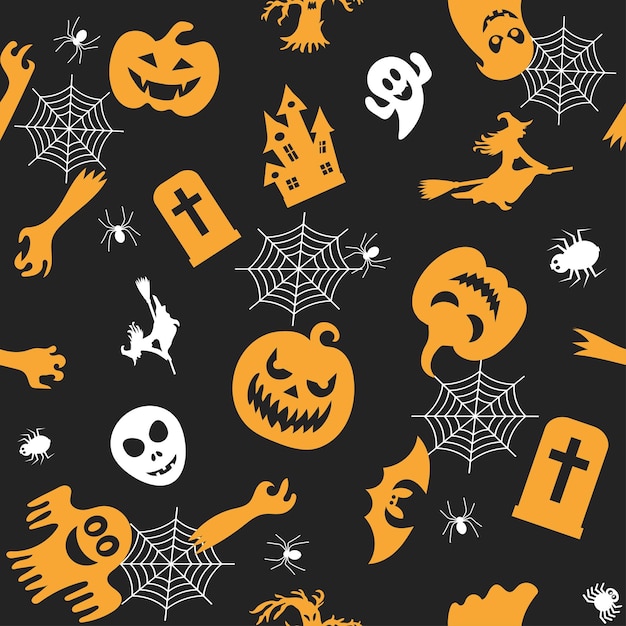 Bezszwowy Wektor Wzór Do Projektowania Halloween Halloweenowe Symbole Dynia Duch Nietoperza W Stylu Kreskówki