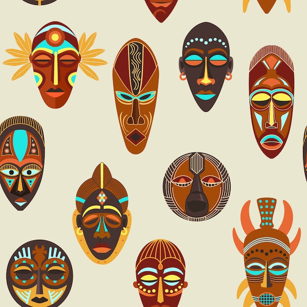 Bezszwowy Wzór Afrykańskie Etniczne Plemienne Rytualne Maski O Różnych Kształtach.