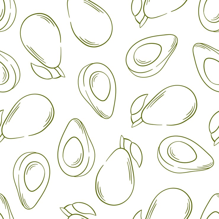 Wektor bezszwowy wzór awokado w stylu line art monochromatyczny ręcznie narysowany projekt dla pakietu tekstylnego menu sklepu spożywczego ilustracja wektorowa na białym tle