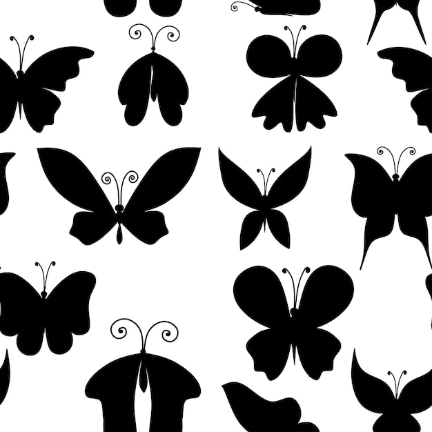 Bezszwowy Wzór Czarna Sylwetka Zestaw Abstrakcyjnych Ozdobnych Motyli Płaskich Ilustracji Wektorowych