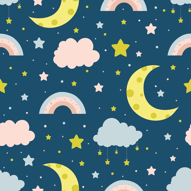 Bezszwowy Wzór Dla Dzieci Z Chmurami, Księżycem I Gwiazdami Kreatywna Tekstura Dla Dzieci Do Pakowania Tkanin
