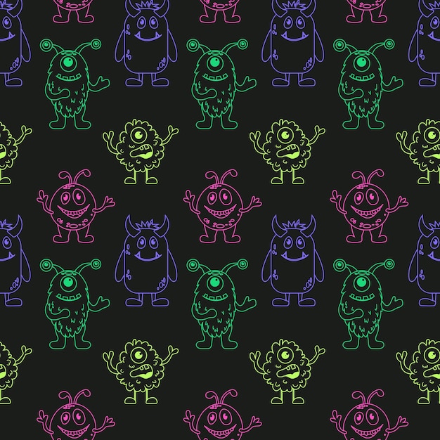 Bezszwowy wzór dla dzieci z uroczymi kolorowymi potworami Doodle aliens