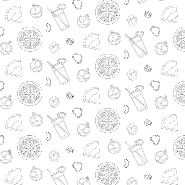 Bezszwowy wzór do kolorowania książek dla dzieci owoce pizza sok z granatów owoce czarna linia białe tło