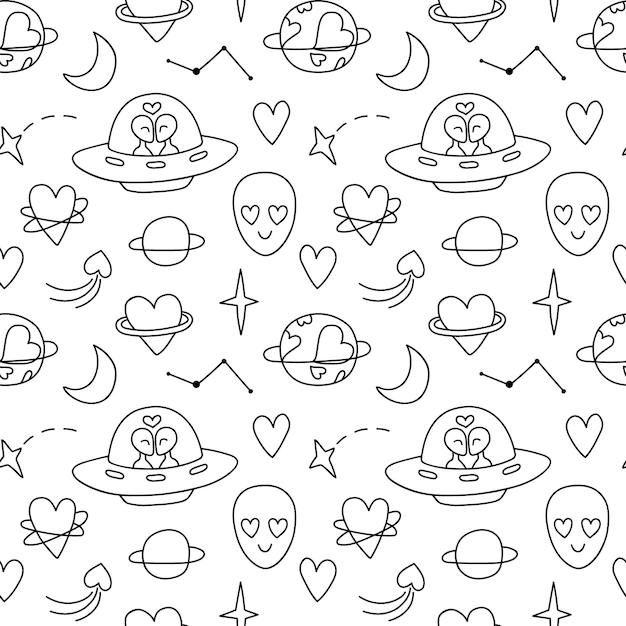 Bezszwowy Wzór Doodle Z Kochającymi Kosmitami Ufo Przestrzeń Tło Z Konturem Gwiazda Serce Miłości