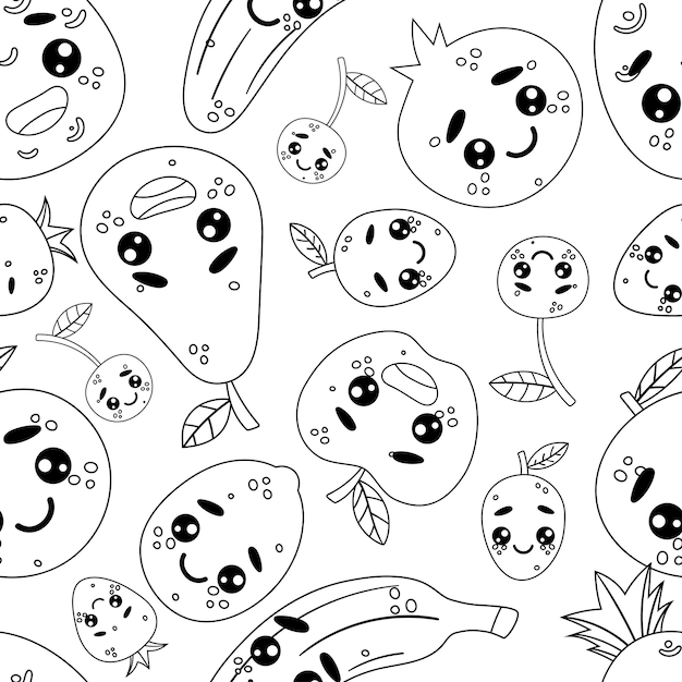 Bezszwowy Wzór Emoji Smiley Emotikony Owoce I Jagody Na Białym Tle Wektor W Stylu Czarno-białym