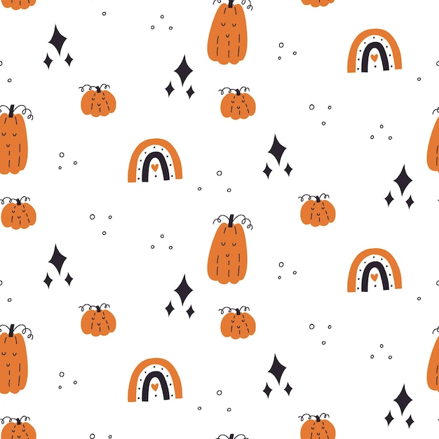 Bezszwowy wzór halloween dynia tęczowa gwiazda w ręku rysowane styl Halloween tło