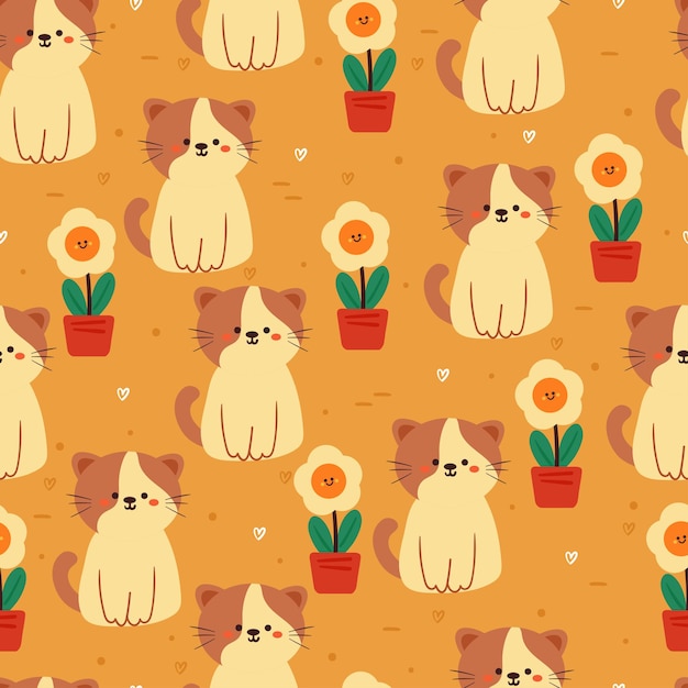Bezszwowy Wzór Kot Animowany I Kwiat śliczna Zwierzęca Tapeta Na Tekstylny Papier Do Pakowania Prezentów