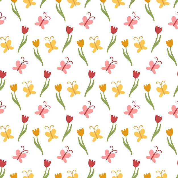 Bezszwowy wzór kwiatowy i motylowy z tulipanami inspirowany wzorem botanicznym dla tkaniny