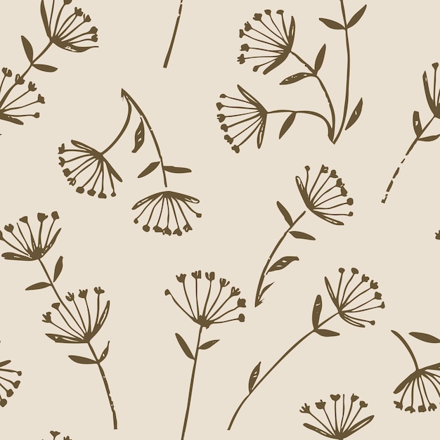 Bezszwowy wzór kwiatowy prosty abstrakcyjny ozdób kwiatowy z szkicem dzikich roślin Delikatny projekt botaniczny z rysunkiem małych suszonych kwiatów w rusztycznym motywie Ilustracja wektorowa w dwóch kolorach