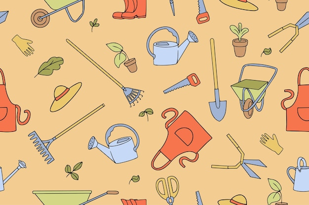 Bezszwowy wzór narzędzi ogrodowych w stylu doodle nawadnianie puszka wiadro węże widelec łopata