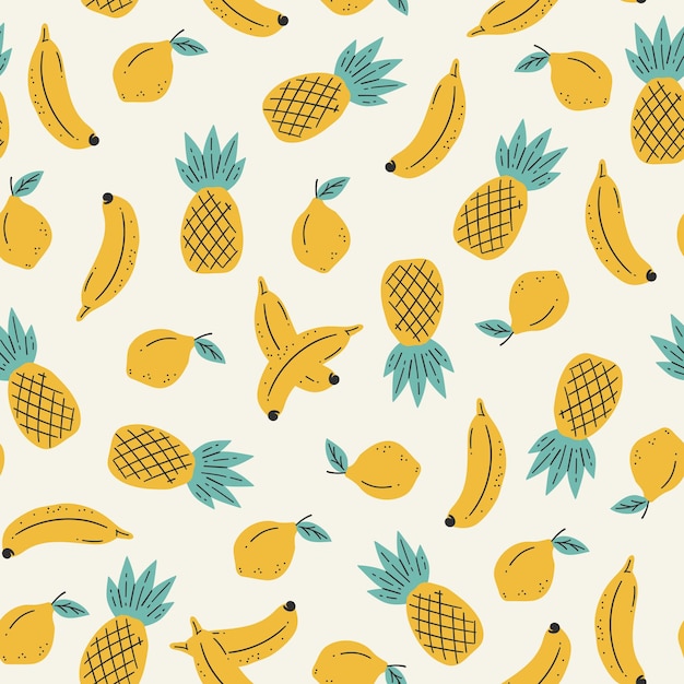 Bezszwowy wzór owoców tropikalnych z bananami, ananasami, cytrynami, tło wektorowe, proste, płaskie, retro