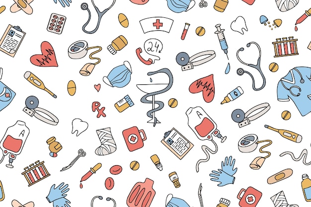 Bezszwowy wzór produktów medycznych, leków, odzieży, zestawu pierwszej pomocy w stylu doodle