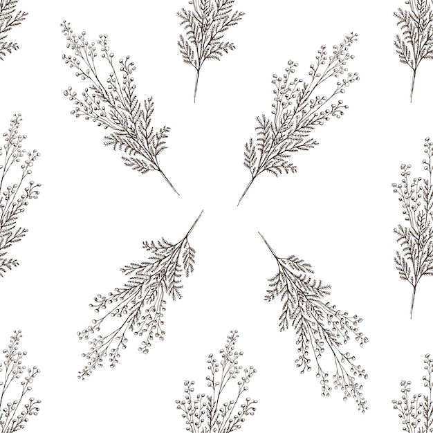 Plik wektorowy bezszwowy wzór ręcznie narysowanej mimozy monokromatyczny rysunek kwiatowy czarno-biały element vintage