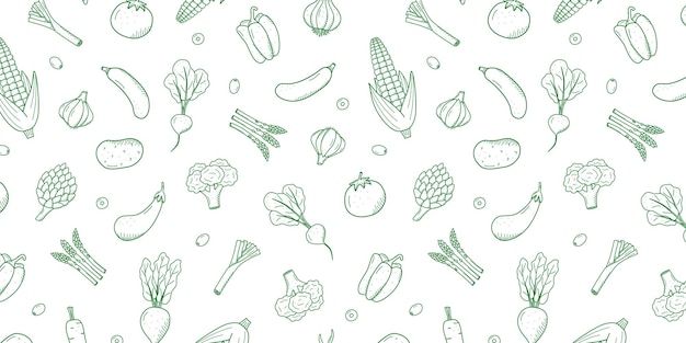 Bezszwowy wzór rysowania warzyw w stylu doodle zestaw ilustracji wektorowych zbiorów kukurydzy ziemniaków marchewki radyszki buraki czosnek cebula pomidory itp.