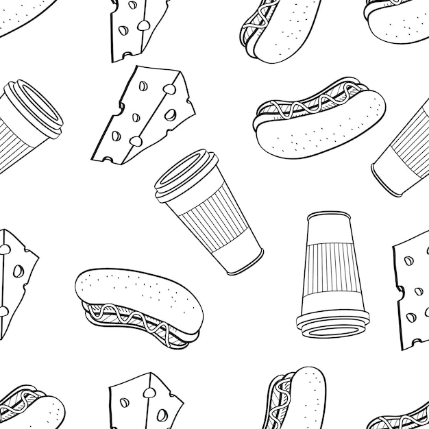 Bezszwowy Wzór Serowy Hotdog I Kawowa Ręka Rysująca W Czarny I Biały Doodle Wektorze