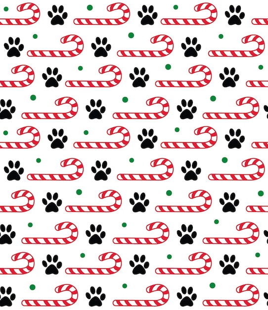 Plik wektorowy bezszwowy wzór świątecznego psa, odbitek psich łap i candy cane- christmas vector design