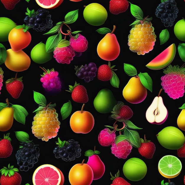 Plik wektorowy bezszwowy wzór świeżych owoców jagód i owoców wyizolowanych na czarnym tle